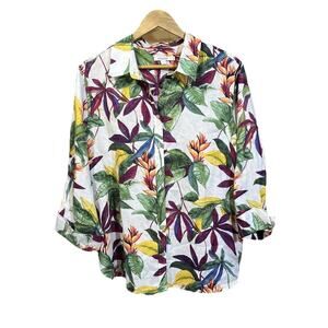 Chicos Women's Size 3 Tropical Floral 100% Linen Blouse Top Colorful Resort